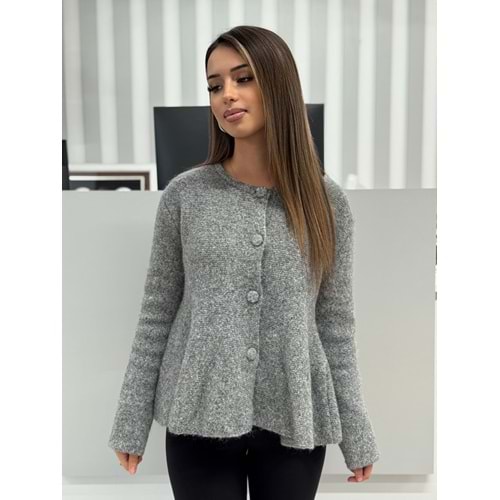 Yumuşak Dokulu Peplum Düğmeli Triko Hırka 60985 - Gri - TEK BEDEN