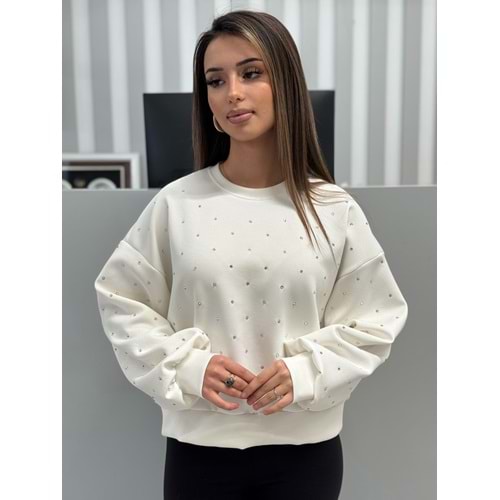 Taş Baskılı Modal Tişört 5386 - Ekru - L - AZRA06842-55483