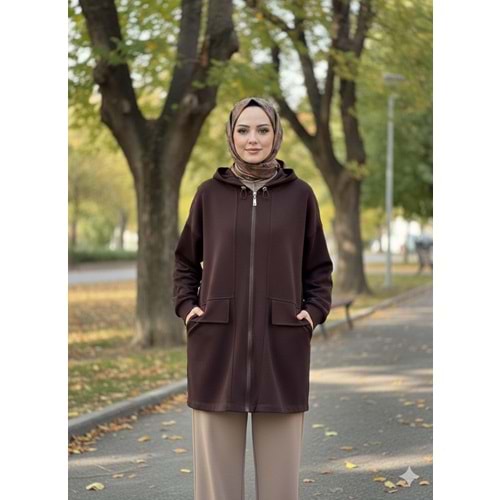 Kesik ve Cep Detaylı Kapişone Bomber 35901 - Kahve Rengi - TEK BEDEN - AZRA06843-55488