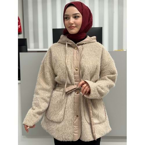 Kapitone Garnili Peluş Mont 35634 - Kum - TEK BEDEN - AZRA06847-55502
