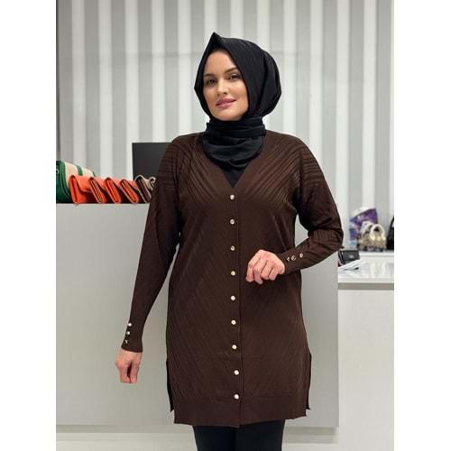 Çapraz Desenli Merserize Hırka 3198 - Acı Kahve - TEK BEDEN