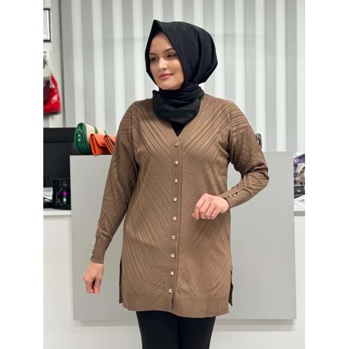 Çapraz Desenli Merserize Hırka 3198 - Kahve Rengi - TEK BEDEN