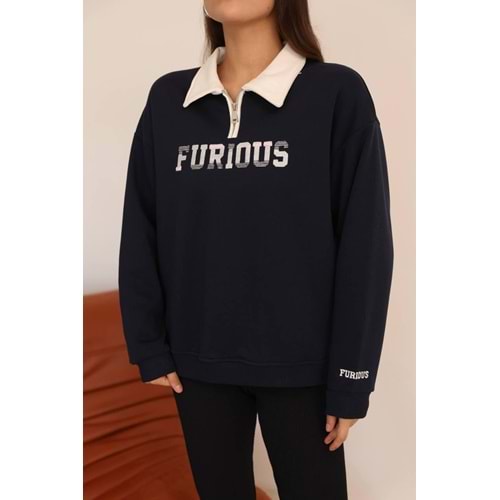 Fermuar Detaylı Önü Nakışlı Sweat 26199 - Siyah - L-XL
