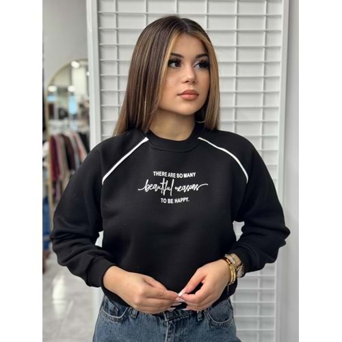 Ön Baskılı Ara Biyeli Sweat - Siyah - L-XL