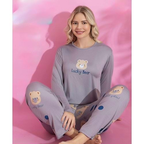 Ayıcık Baskılı Pijama Takım 1451 - Gri - L - AZRA06940-55940