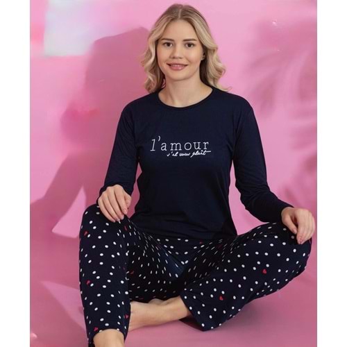 Yazı Baskılı Pijama Takım 1500 - Lacivert - L - AZRA06941-55947