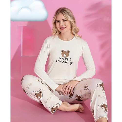Sweet Ayıcık Baskılı Pijama Takım 1610 - Krem - XXL - AZRA06943-55958