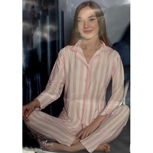 Suet Çizgli Pijama Takımı 9999 - Açık Pembe - L - AZRA06961-56059