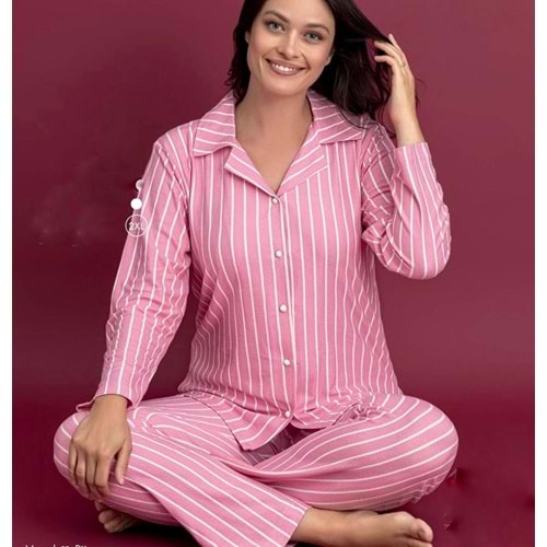Suet Çizgli Pijama Takımı 9999 - Pembe - L - AZRA06961-56063