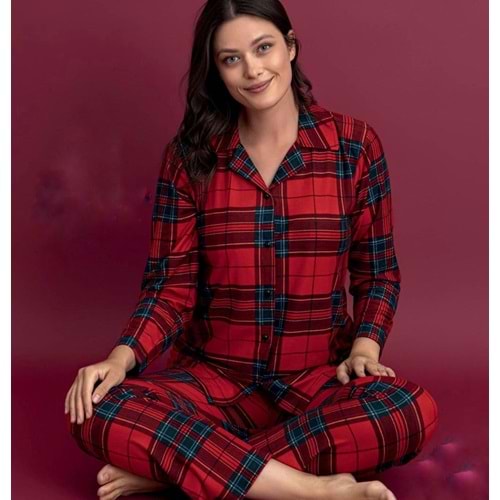 Suet Ekoseli Pijama Takımı 9999 - Kırmızı - L - AZRA06962-56068