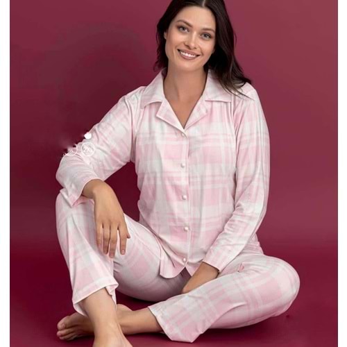Suet Ekoseli Pijama Takımı 9999 - Pembe - L - AZRA06962-56072