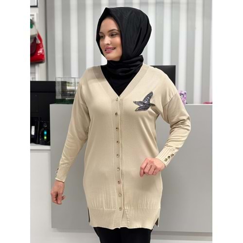 Pullu Taşlı Yanı Kuşlu Merserize Hırka 3207 - Bej - TEK BEDEN - AZRA06966-56089