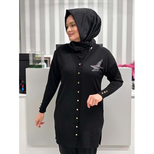 Pullu Taşlı Yanı Kuşlu Merserize Hırka 3207 - Siyah - TEK BEDEN - AZRA06966-56093