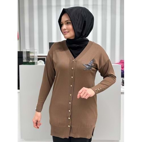 Pullu Taşlı Yanı Kuşlu Merserize Hırka 3207 - Sütlü Kahve - TEK BEDEN - AZRA06966-56094
