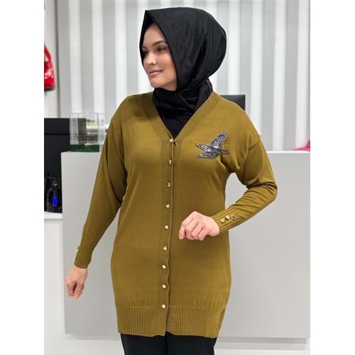 Pullu Taşlı Yanı Kuşlu Merserize Hırka 3207 - Yağ Yeşili - TEK BEDEN - AZRA06966-56095