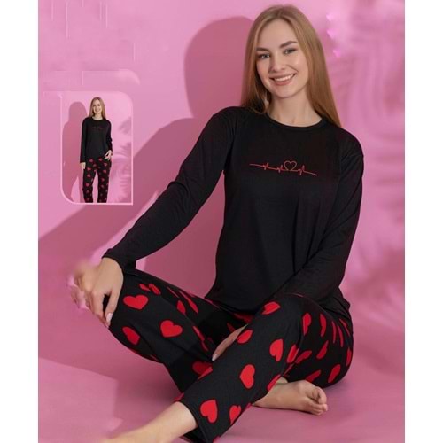 Kalpli Ritim Baskılı Pijama Takım 66439 - Siyah - L - AZRA06982-56183