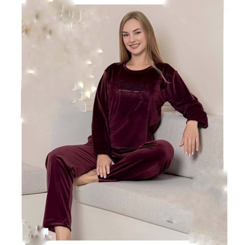 Yazı Baskılı Kadife Pijama Takımı 1827 - Bordo - L - AZRA06991-56225