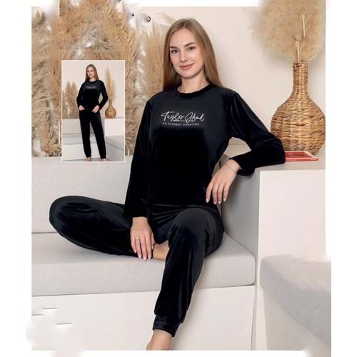 Yazı Baskılı Kadife Pijama Takımı 1827 - Siyah - L - AZRA06991-56229