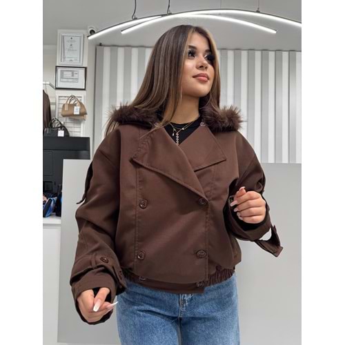 Estonya Kürklü Ceket 2052 - Acı Kahve - 40