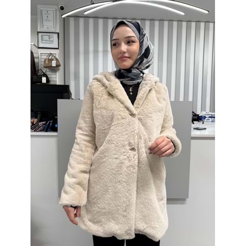 Kapşonlu Uzun Pelüş Kürk 2166 - Bej - 40