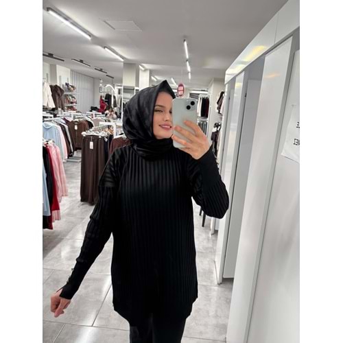 İnce Çizgili Merserize Tunik 3170 - Siyah - TEK BEDEN