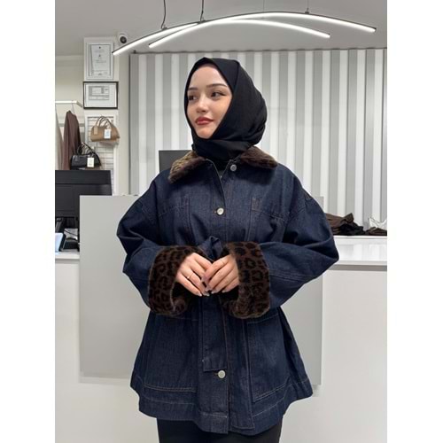 Peluş Detaylı Detaylı Denim Ceket 0035823 - Lacivert - S-M - AZRA07044-56581