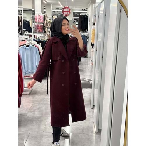 Lüks Kaşe Kaban 9015 - Bordo - 40 - AZRA07050-Bordo-40