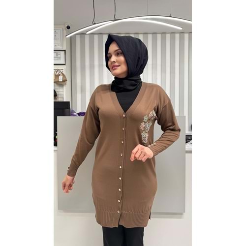 Taşlı Çiçek Desenli Merserize Hırka 3280 - Kahve Rengi - TEK BEDEN - AZRA07082-56787