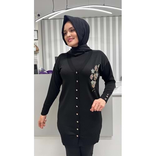 Taşlı Çiçek Desenli Merserize Hırka 3280 - Siyah - TEK BEDEN - AZRA07082-56790