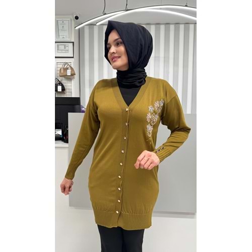 Taşlı Çiçek Desenli Merserize Hırka 3280 - Yağ Yeşili - TEK BEDEN - AZRA07082-56791