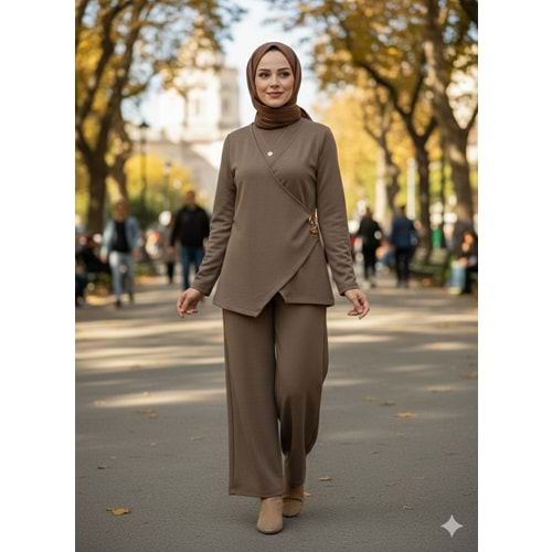 Kruvaze Bluzlu Takım 1005412 - Vizon - L - AZRA07098-56890