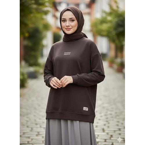 Kontrast Baskı Ve Etiketli S-Shırt 35325 - Acı Kahve - TEK BEDEN - AZRA07099-56895