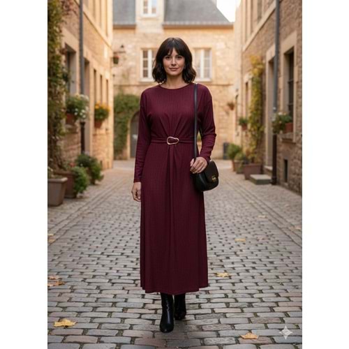 Beli Tokalı Elbise 1130 - Bordo - L-XL - AZRA07104-56932