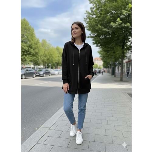 Kapşonlu Fermuarlı Hırka 1408 - Siyah - S-M - AZRA07133-57099