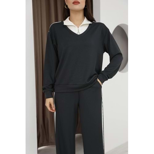 Yaka Fermuar Detaylı Garnili Takım 26227 - Füme - M - AZRA07146-57438