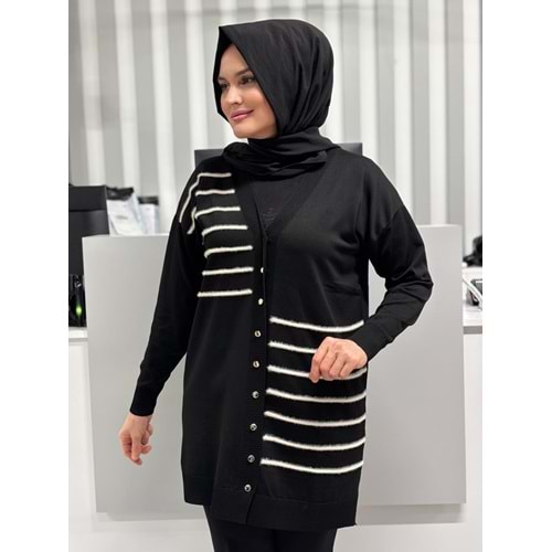 Şerit Tüylü Merserize Hırka 3282 - Siyah - TEK BEDEN - AZRA07178-57321