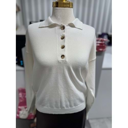 Yakalı Düğmeli Kazak 12325 - Ekru - TEK BEDEN - AZRA07253-Ekru-TEK BEDEN