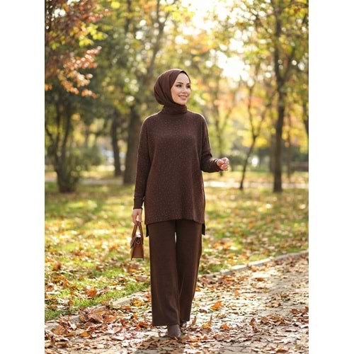 Pullu Simli Triko Takım 1414 - Acı Kahve - TEK BEDEN - AZRA07258-Acı Kahve-TEK BEDEN