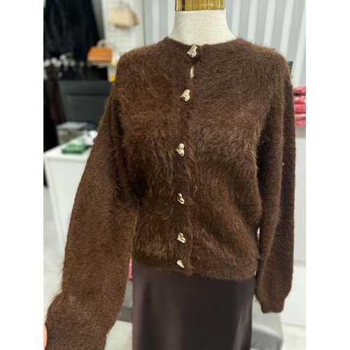 Kalp Düğmeli Yumoş Hırka 25502 - Acı Kahve - TEK BEDEN - AZRA07264-Acı Kahve-TEK BEDEN