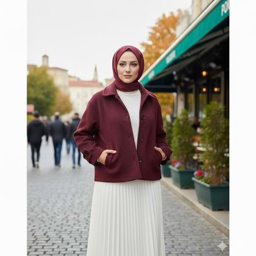 Düğmeli Kaşe Ceket 0724 - Bordo - 38 - AZRA07269-Bordo-38