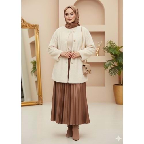 Beli Büzgülü Yumoş Mont 99009 - Bej - L - AZRA07279-Bej-L