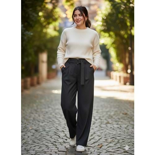 Kuşaklı Bol Paça Pantolon 250643 - Antrasit - L - AZRA07370-Antrasit-L