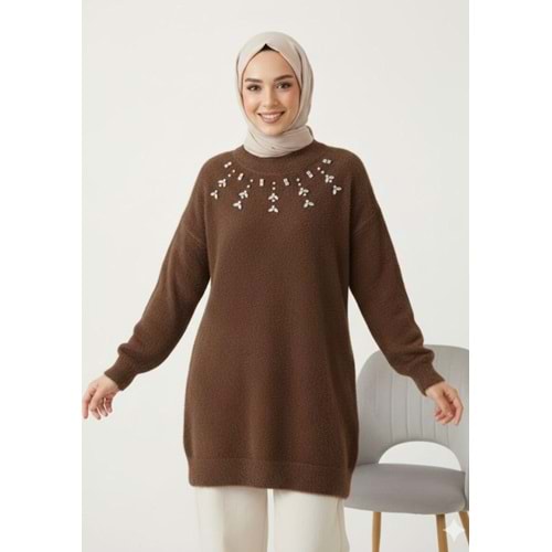 Taşlı Angora Tunik 25046 - Acı Kahve - TEK BEDEN - AZRA07373-Acı Kahve-TEK BEDEN