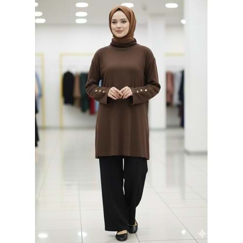 Yüksek Yakalı Kolları Düğmeli Tunik 35898 - Acı Kahve - TEK BEDEN - AZRA07385-Acı Kahve-TEK BEDEN