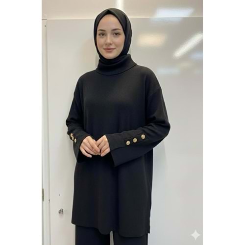 Yüksek Yakalı Kolları Düğmeli Tunik 35898 - Siyah - TEK BEDEN - AZRA07385-Siyah-TEK BEDEN