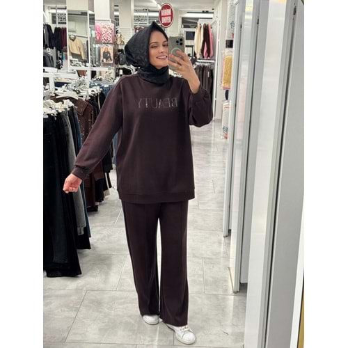 Tona Ton Baskı Ve Taşlı Takım 35790 - Acı Kahve - M - AZRA07386-Acı Kahve-M