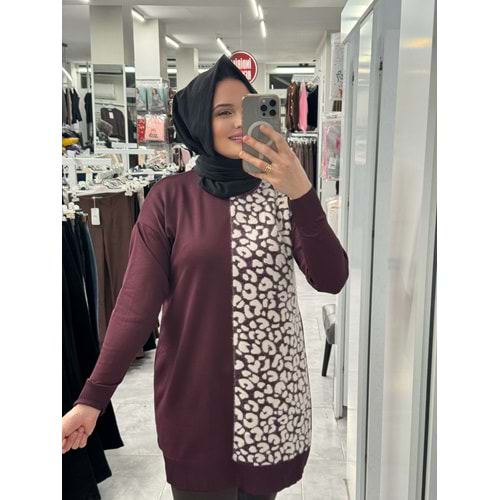 Leopar Desen Merserize Tunik 3291 - Mürdüm - TEK BEDEN - AZRA07407-58704