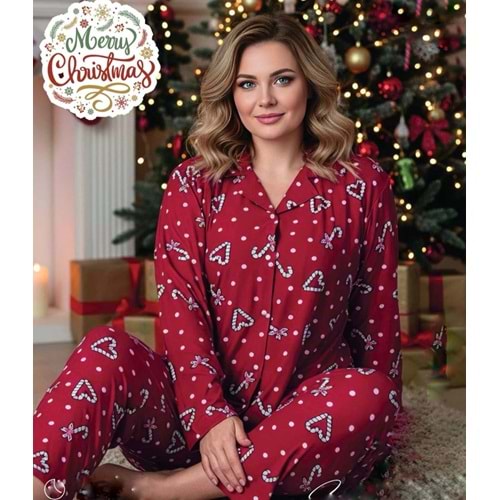 Kalp ve Baston Detaylı Pijama Takımı 1623 - Kırmızı - XL