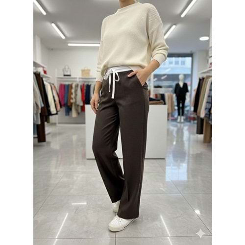Çizgili Bol Paça Pantolon 10500 - Acı Kahve - L - AZRA07422-Acı Kahve-L