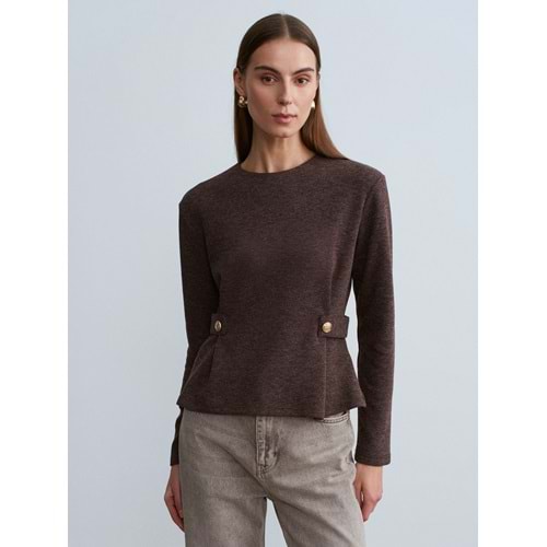 Düğmeli Fitilli Bluz 32429 - Acı Kahve - S - AZRA07431-Acı Kahve-S